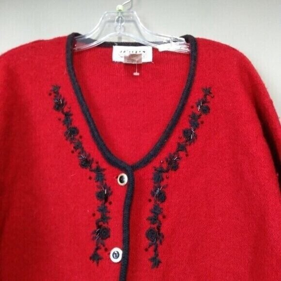Vintage 90s JANSEN Womens Wool Blend Cardigan Medium Red Beaded Floral Holiday - Picture 2 of 8